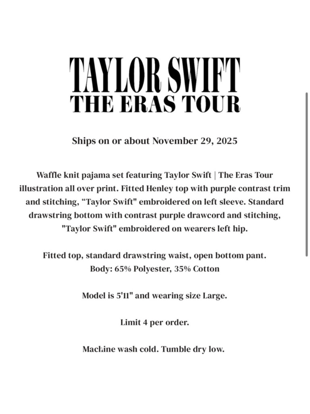 Taylor Swift The Eras Tour Waffle Knit Pajama Set M - NEW! - Picture 5 of 6